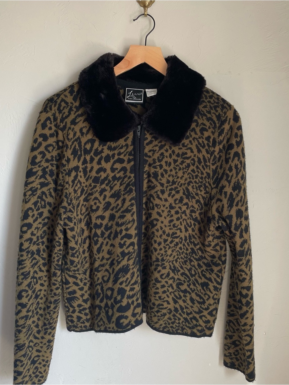 Vintage 90s Nina Leonard Olive & Black Leopard Print Jacket with Faux Fur Collar